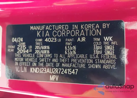 2024 Kia Soul Lx из США, поврежденный, VIN KNDJ23AU2R7241547